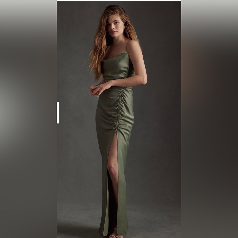 BHLDN Anthropologie NWT Jennings Cowl Neck Ruched Satin Side Slit Gown- size 12